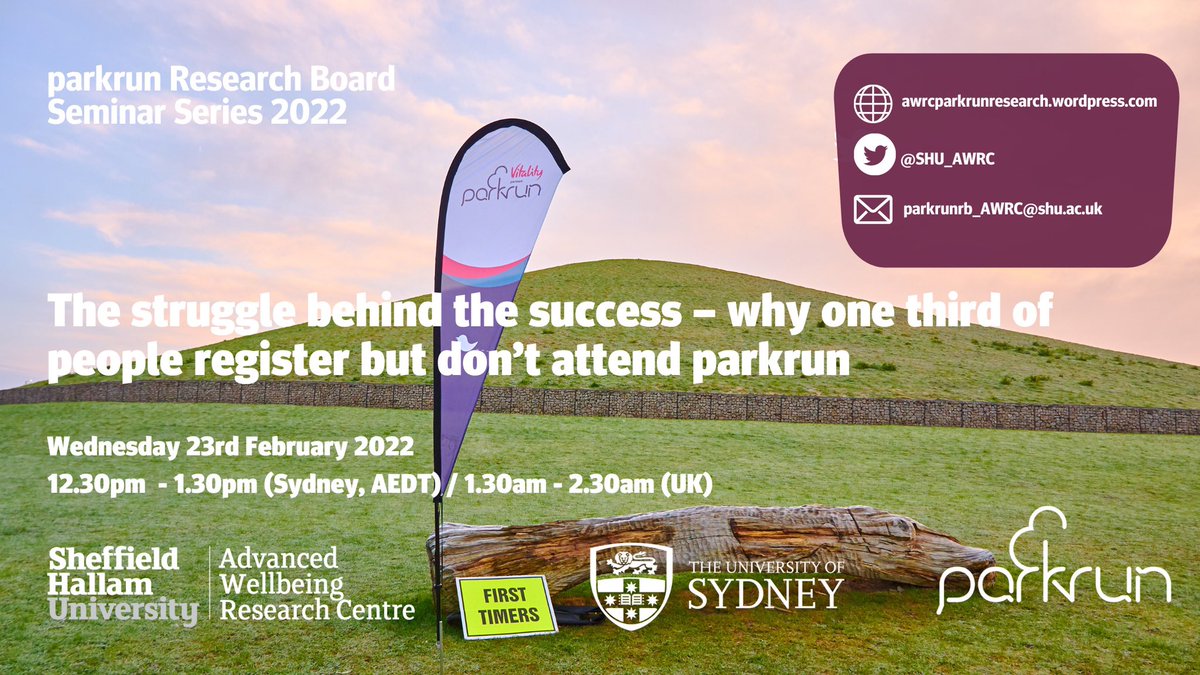 SHU_AWRC's tweet photo. 🙃🇦🇺Our first @parkrun Research Board Seminar of 2022 is going Down Under @parkrunAU, hosted by @LindseyReece28 @Sydney_Uni:

🤔The struggle behind the success – why 1/3 of people register but don’t attend
📆Wed 23 Feb
⏰12.30-1.30pm AEDT/1.30-2.30am GMT
🎟https://t.co/zBFJNuQ1VX https://t.co/VQwnlLKkOI