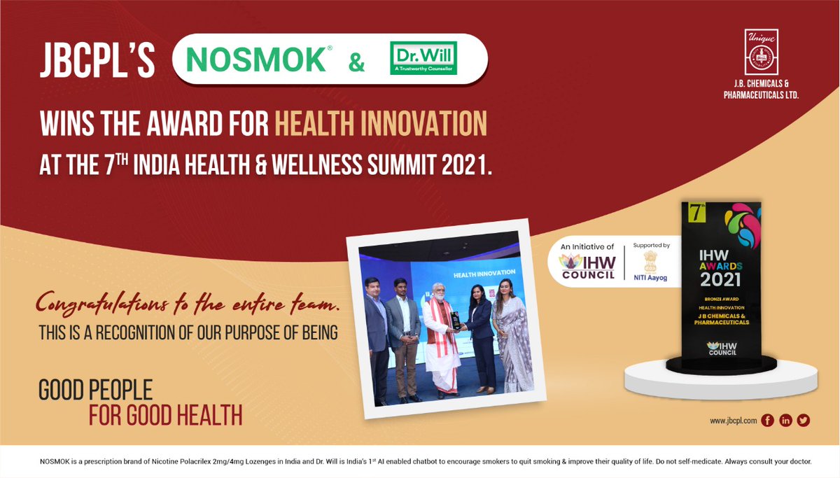 OneJBglobal's tweet photo. We are happy to share about winning the honorable title of 'Health Innovation' at #IHWAwards2021!
#GoodPeople4GoodHealth.
#NoSmok
#DrWill
@IHWCouncil
#IHWSummit2021 @JBCPLOfficial https://t.co/6VaM2YGiv0