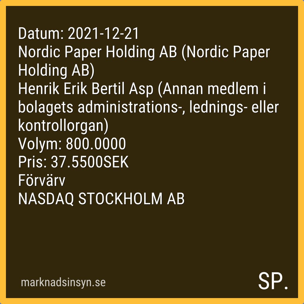svenroed's tweet image. Få SMS via marknadsinsyn.se. Datakälla: FI Insynshandel. #nordicpaper #SE0014808838 $npaper nordicpaper