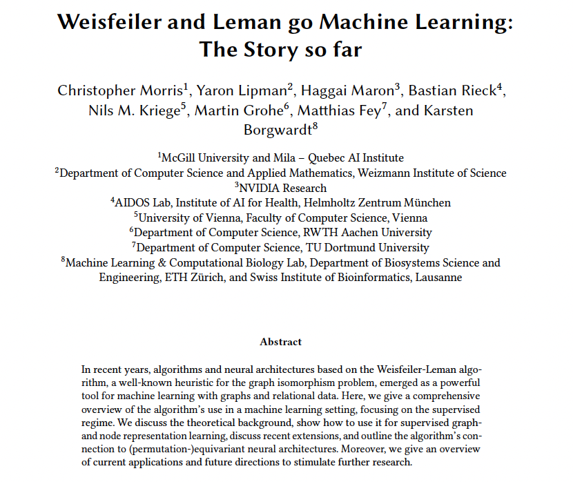 chrsmrrs's tweet photo. Recently, surprising connections between the WL algorithm and graph ML emerged. We provide an in-depth overview of this connection:

https://t.co/1wISgtsm89.

Joint work w/ @chrsmrrs @lipmanya @HaggaiMaron @Pseudomanifold Nils Kriege Martin Grohe @rusty1s @kmborgwardt https://t.co/UZjTKmtRTH