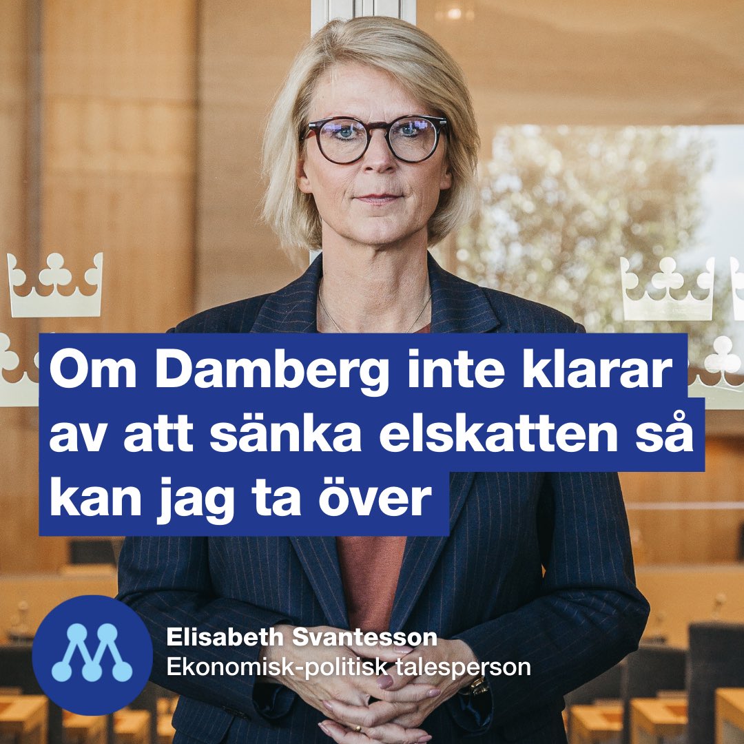 moderaterna's tweet photo. Finansministern säger att vårt förslag om slopad elskatt är svårt att genomföra. Det är det inte, då hade vi inte lagt förslaget. Om Damberg inte klarar av att stötta hushållen – i ett läge där staten tjänar miljarder på de höga elpriserna – kan vi ta över och genomföra förslaget https://t.co/LRZ89KnsZQ