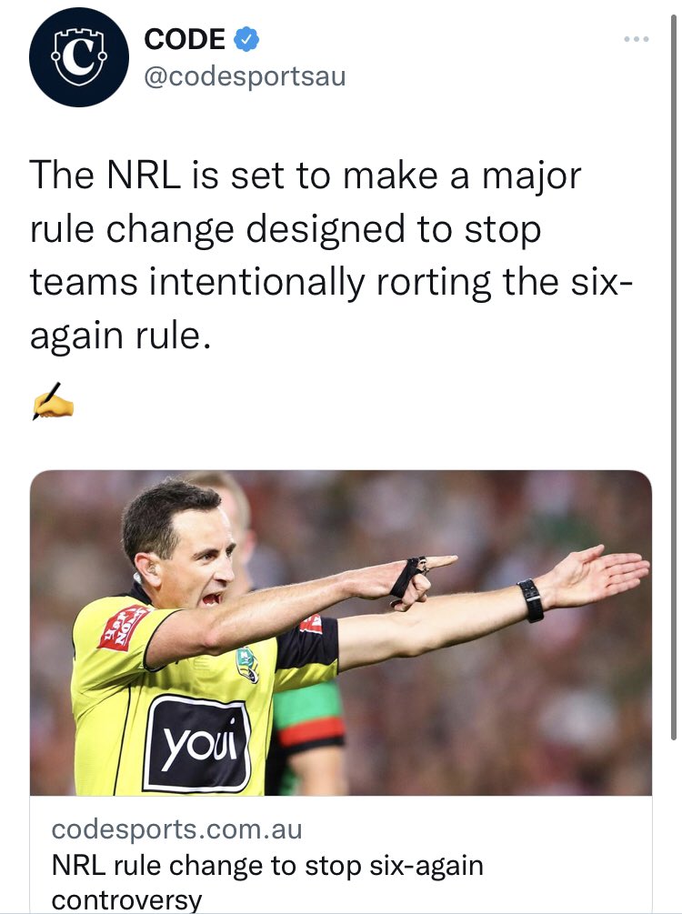 me_dc's tweet photo. “In related news, NRL coaches are already making provisions to profit off of a major rule change designed to stop teams intentionally rorting the six-again rule.” https://t.co/Oc0k6nIXLc