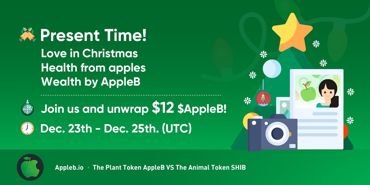 AppleBCommunity's tweet photo. 🎅Ho! Ho! Ho! Happy Christmas!🎄
Are u ready for some fun?

📷Take a photo in the most Christmas atmosphere with an apple in hand.
🥰Tweet it &amp; tag AppleB🍏, share your happiest moment in 2021.
🙌Top 25 each get reward $12 $AppleB!

Dec. 23th - Dec. 25th. (UTC) 

#Airdrop #tokens https://t.co/BWy6zJcFlK