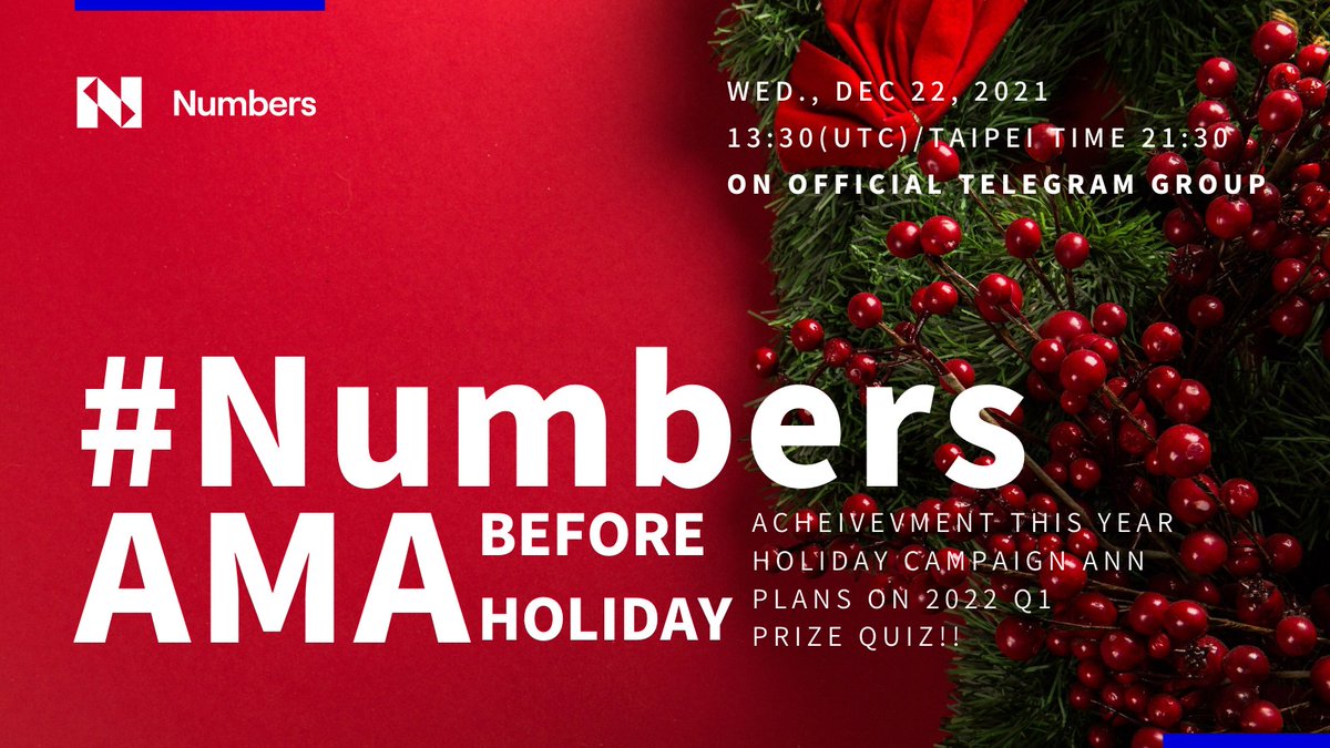 numbersprotocol's tweet photo. #NumbersAMA Before Holiday🎄
A total 100 NUM reward pool for prize quiz🎁!

⏰Dec. 22, 2021, 13:30 UTC
📍https://t.co/21xsnBJKeB

1⃣Join TG group ☝️
2⃣Participate in AMA prize quiz and answer the question

5 winners share the reward pool! 
Fill your bag before the holiday! https://t.co/vzQjKmpIA1