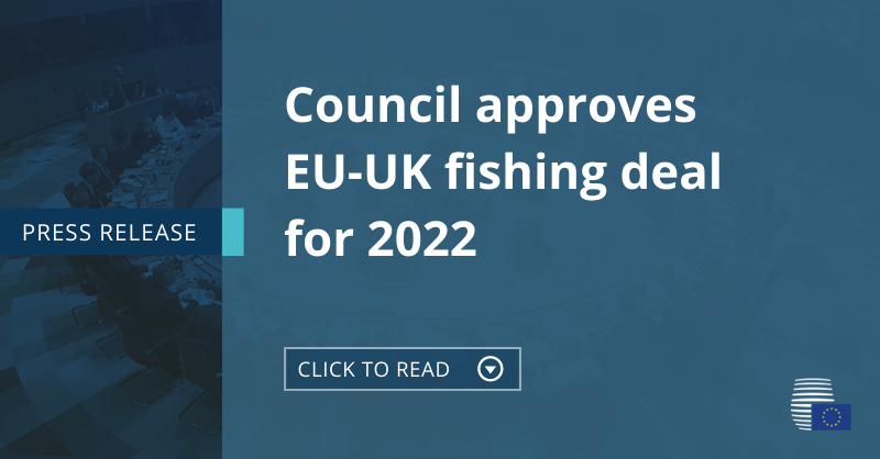 EUCouncilPress's tweet photo. The Council has approved an agreement between the EU and the UK on fishing opportunities for shared stocks in 2022.

Read the press release here 👇
