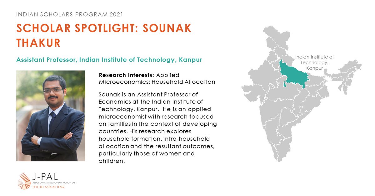 JPAL_SA's tweet photo. @JNU_official_50 .@sounak_thakur is an Assistant Professor at @IITKanpur. His research as part of the #IndianScholarsProgram will focus on improving nutritional outcomes among children in rural villages of Kanpur, India.

#ISP https://t.co/2t22wqnxXh