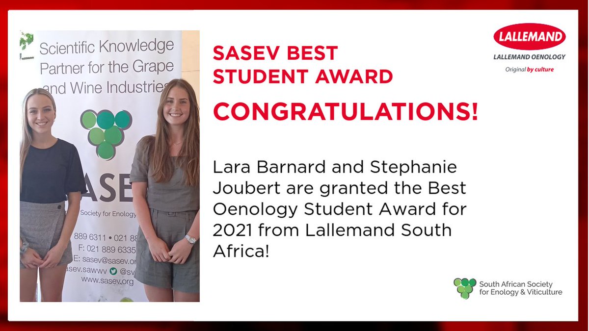 LOenology's tweet photo. Lallemand South Africa is delighted to award the 2021 #SASEV Best #Oenology Students.
Congratulations to @LaraBarnard2 from Elsenburg Agricultural Training Institute and Stephanie Joubert from the Viticulture and Oenology Department of the @StellenboschUni.
#OriginalByCulture https://t.co/KKv2UhCIad