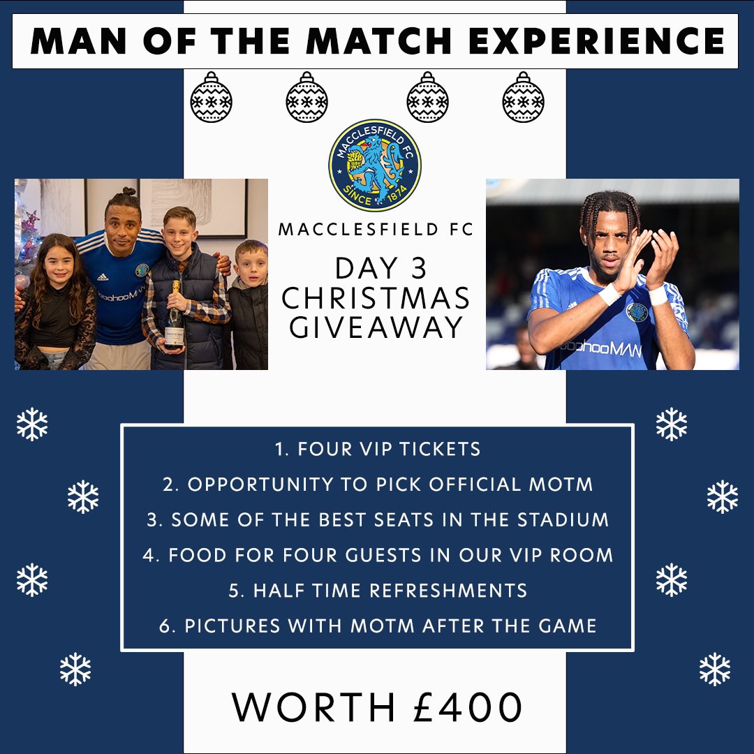 🎁| Macclesfield FC Day 3 Christmas Giveaway 

For a chance to win a ‘Man of the Match Experience’ for Macclesfield FC game against Lower Breck (Sat 12th Feb)
1.RT this post 
2.Tag in the comments who you are taking. 

Winner will be announced tomorrow!