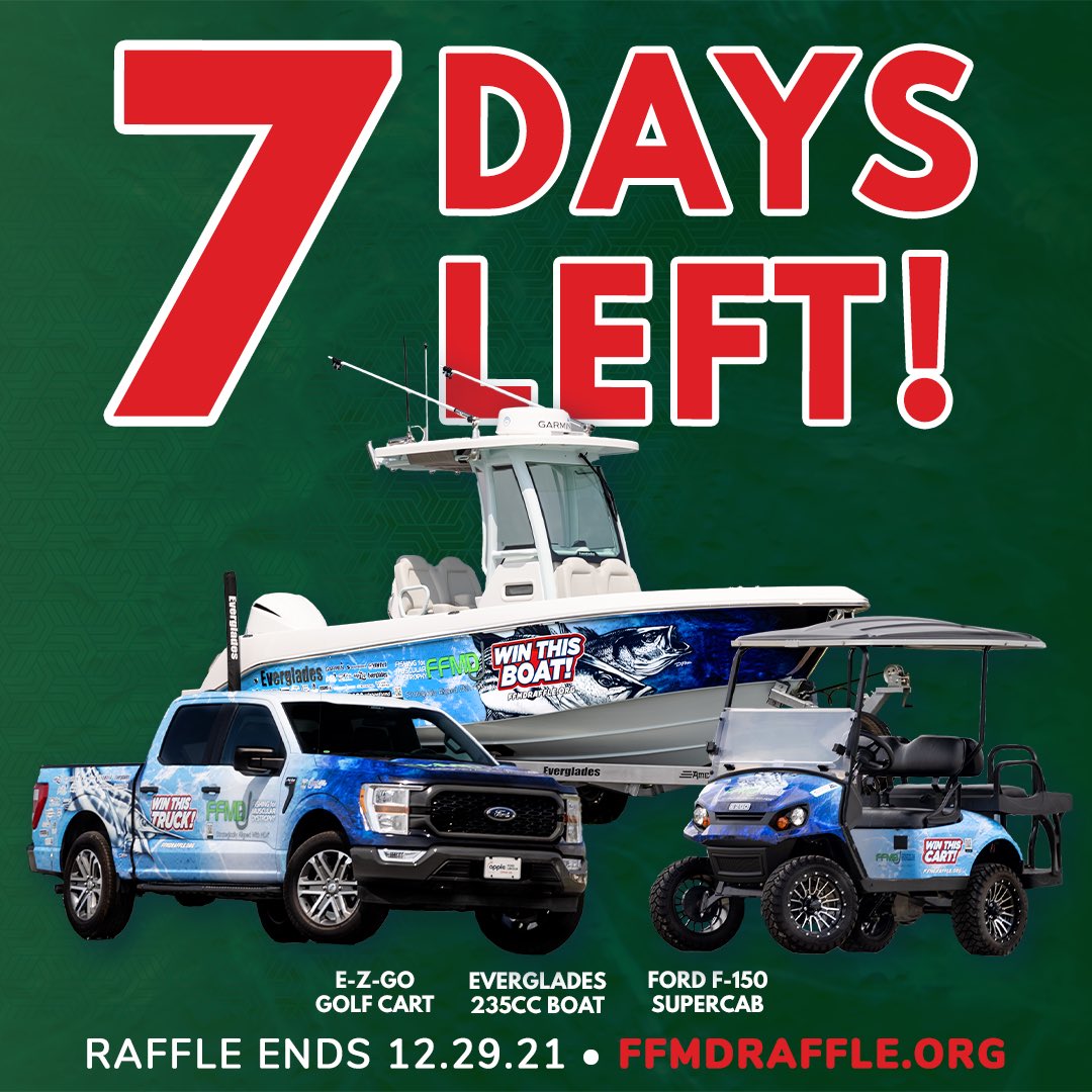 🛑🟢7 Days To Go🟢🛑 enter at Ffmdraffle.org to support <a href="/MDAorg/">Muscular Dystrophy Association</a> with your chance to win an <a href="/EvergladesBoats/">Everglades Boats</a> <a href="/FordTrucks/">Ford Trucks</a> or <a href="/EZGOvehicles/">E-Z-GO</a> #mda #musculardystrophy #evergladesboats #yamahaoutboards #golfcart #ffmd #boating #boats #boattrader #GiveawayAlert #fishing #pickup
