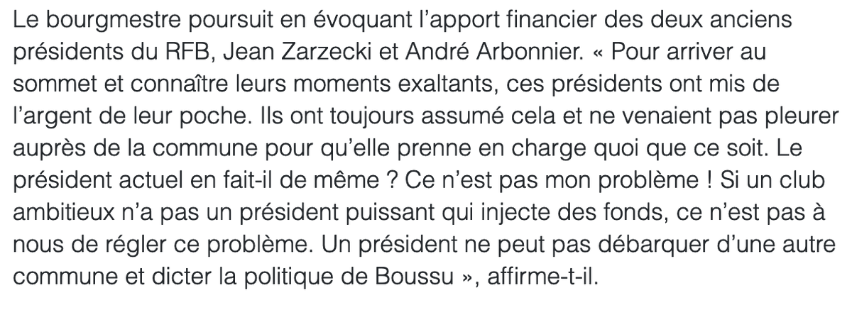 La commune de #Boussu  freine ses subsides pour les <a href="/FrancsBorains/">Royal Francs Borains</a>, estimant "en faire déjà beaucoup" > mise en conformité pour 1mio€, électricité (150.000€)
passage pour visiteurs (60.000€), etc. Et d'envoyer ce message au Président du Club, <a href="/GLBouchez/">Georges-L BOUCHEZ</a> >