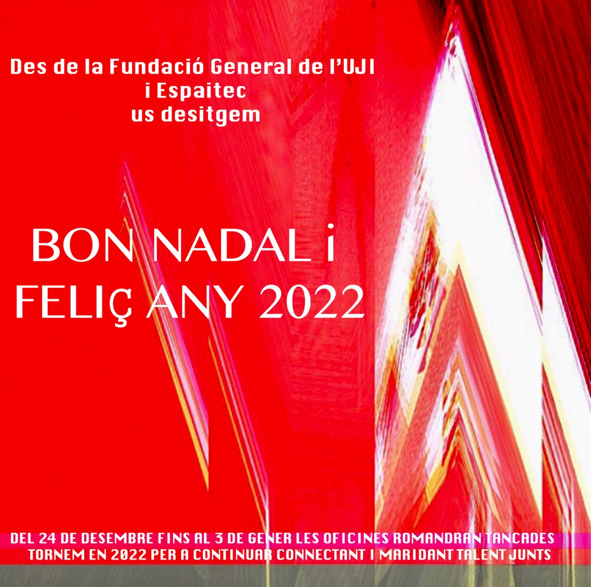 espaitec's tweet photo. 🌲Des de la Fundació General de la @UJIuniversitat Jaume I i #Espaitec us desitgem un Bon Nadal i Feliç Any 2022🌲
#SomUJI #SomEstudiantat #SomCiència #FUGEN #FamiliaEspaitec #HubasaService #LosParquesAportan #BonNadal #FelizNavidad https://t.co/6FiE0OgZdW