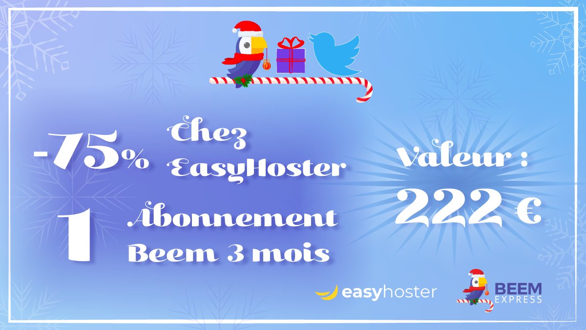 Beem.Express (@beemexpress) on Twitter photo Aujourd'hui, le tirage au sort se fera uniquement parmi les RT de ce Tweet ! 🎅
🎁 Les gains en jeu :
👉 1 abo' 3 mois avec 1 texte 500 mots / semaine + recherche de MC chez Beem.Express
👉 - 75% sur l'offre Light / Perso et Pro d'<a href="/EasyHoster/">EasyHoster 🍌</a> !
C'est parti, RT ! 🔥 Aujourd'hui, le tirage au sort se fera uniquement parmi les RT de ce Tweet ! 🎅
🎁 Les gains en jeu :
👉 1 abo' 3 mois avec 1 texte 500 mots / semaine + recherche de MC chez Beem.Express
👉 - 75% sur l'offre Light / Perso et Pro d'<a href="/EasyHoster/">EasyHoster 🍌</a> !
C'est parti, RT ! 🔥