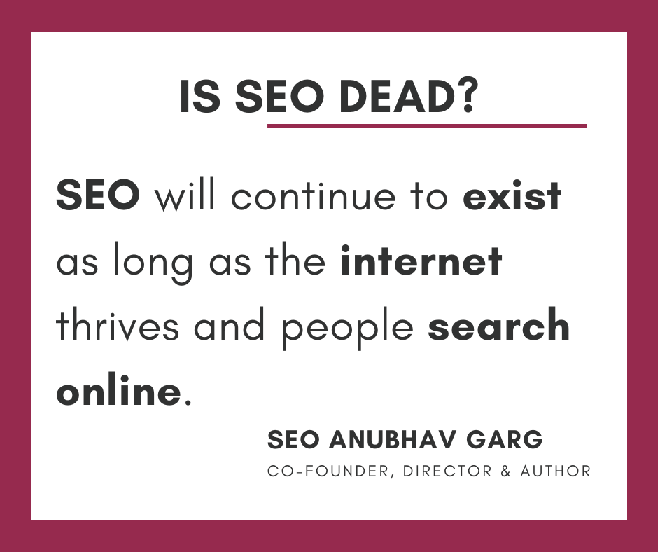 seoanubhavgarg's tweet photo. Is SEO Dead? I believe, SEO will continue to exist as long as the internet thrives and people search online. #seoquote #SEOisDead #seo #seochat #seotalk #seotips #seoexpert #business https://t.co/uwjx8U0McX