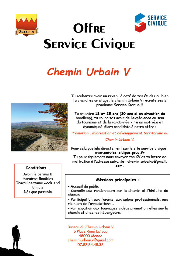 ⚡SERVICE CIVIQUE ⚡
Tu souhaites avoir un revenu à coté de tes études ou bien 
tu cherches un stage, le chemin Urbain V recrute ses 2 
prochains Service Civique !!!
👉service-civique.gouv.fr/trouver-ma-mis…