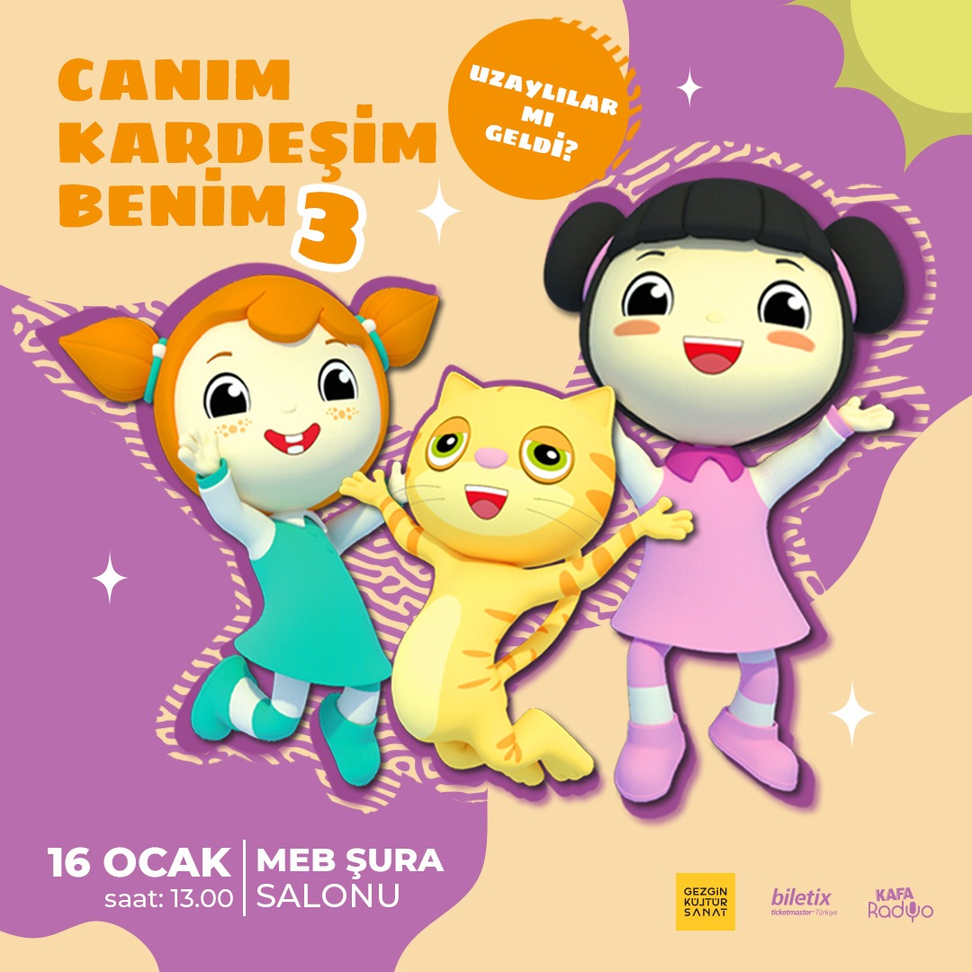 Çocukların çok sevdiği reyting rekortmeni ‘'Canım Kardeşim Benim 3 - Uzaylılar mı Geldi?’’ çizgi dizisi, eğlenceli ve kıpır kıpır bir tiyatro oyunu ile sahnelere geliyor!

🗓️ 16 Ocak
⏰ 13.00
📍 MEB Şura Salonu

#canımkardeşimbenim