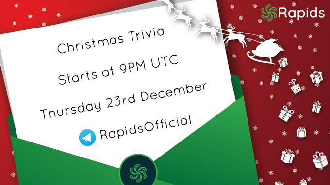 RapidsArabic's tweet photo. انضم إلينا في #Christmas Trivia يوم الخميس 23 ديسمبر على قناة Telegram الرسمية https://t.co/t4Cl8ci8bp 🎄

 ستكون هناك أسئلة مصورة ومكتوبة تحت عنوان #Xmas

جميع الجوائز سيتم دفعها بال RPD عبر #Raptic أو #LinkShare https://t.co/ZGYJn6Idx0