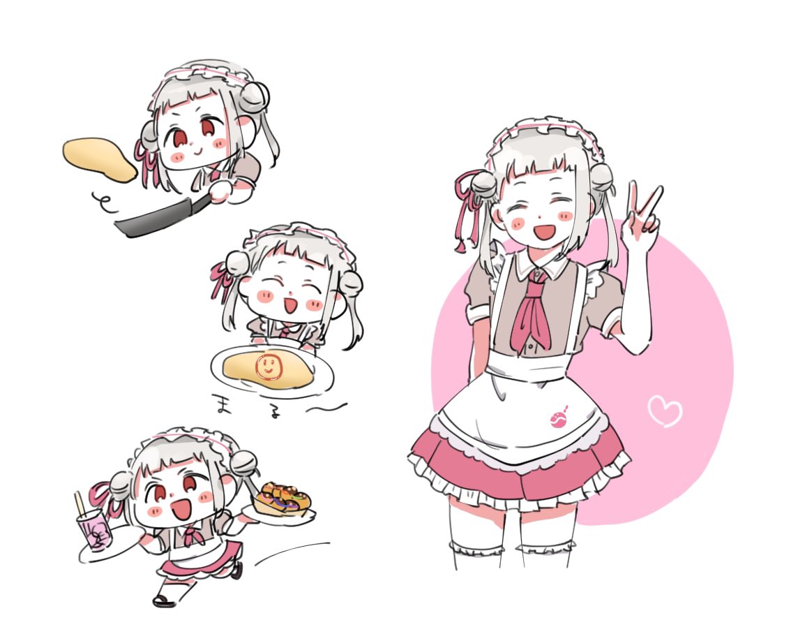 1girl double bun food hair bun smile apron red eyes  illustration images