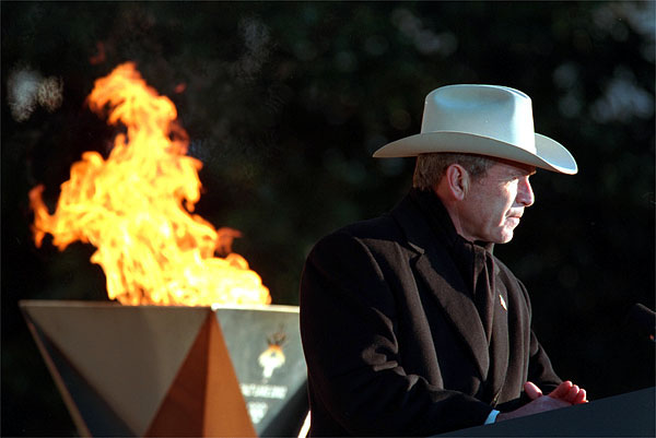 'Each torch bearer's story is a lesson in citizenship and courage and compassion.' Pres. George W. Bush, announcing two torch runners, Liz Howell & Eric Jones, during the 2002 Olympic Torch Relay Ceremony, 12/22/01. Both runners were profoundly affected by the Sept. 11 attacks.