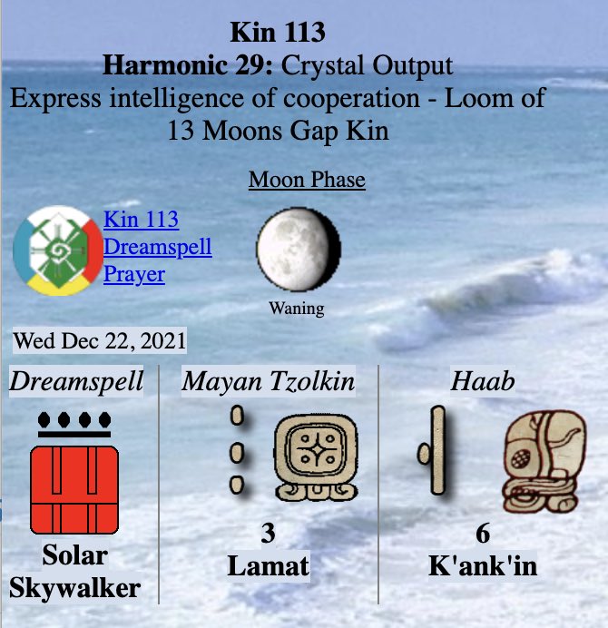 Tex369X's tweet photo. Wednesday 12.22.2021 - #Kin113
Long Count 0.0.9.2.8
moon:6 day:10
#REDSOLARSKYWALKER
I pulse in order to explore
Realizing wakefullness
I seal the output of space
With the solar tone of intention
I AM guided by the power of universal water
I AM a galactic activation portal https://t.co/dQh2RXZbE7