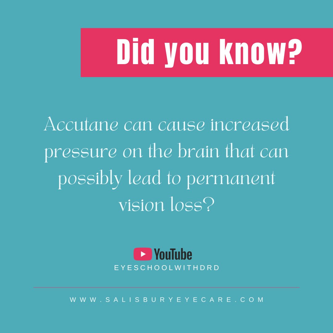 SalisburyEyes's tweet photo. Accutane use has caused Pseudotumor cerebri, a condition where excess cerebrospinal fluid creates increased pressure in the brain and optic nerve swelling. We recommend an eye exam before starting Accutane! 
#accutanejourney #acneawarenessmonth https://t.co/62hNU15BAu