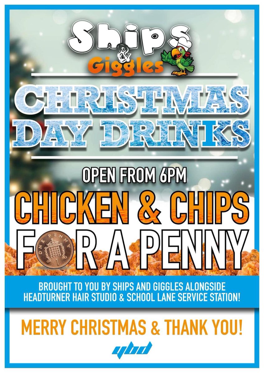 A Very PENNY Christmas 🍗 🍺 
We are open CHRISTMAS DAY from 6pm. 

Whether you want to get in the festive spirit &amp; be entertained at Ships, or you want to
Treat your family to a sit in or takeaway Meal of our famous Platters for a penny we are here and we are open 🦜