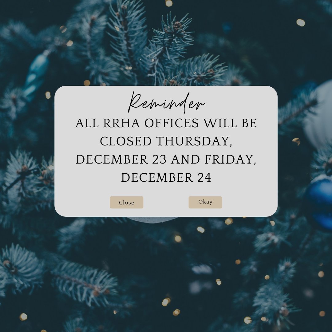 RoanokeHousing's tweet image. All RRHA offices will be closed tomorrow and Friday. We will resume regular hours on Monday. 

#RRHA #PartnersinProgress #updatedhours #HolidaySeason