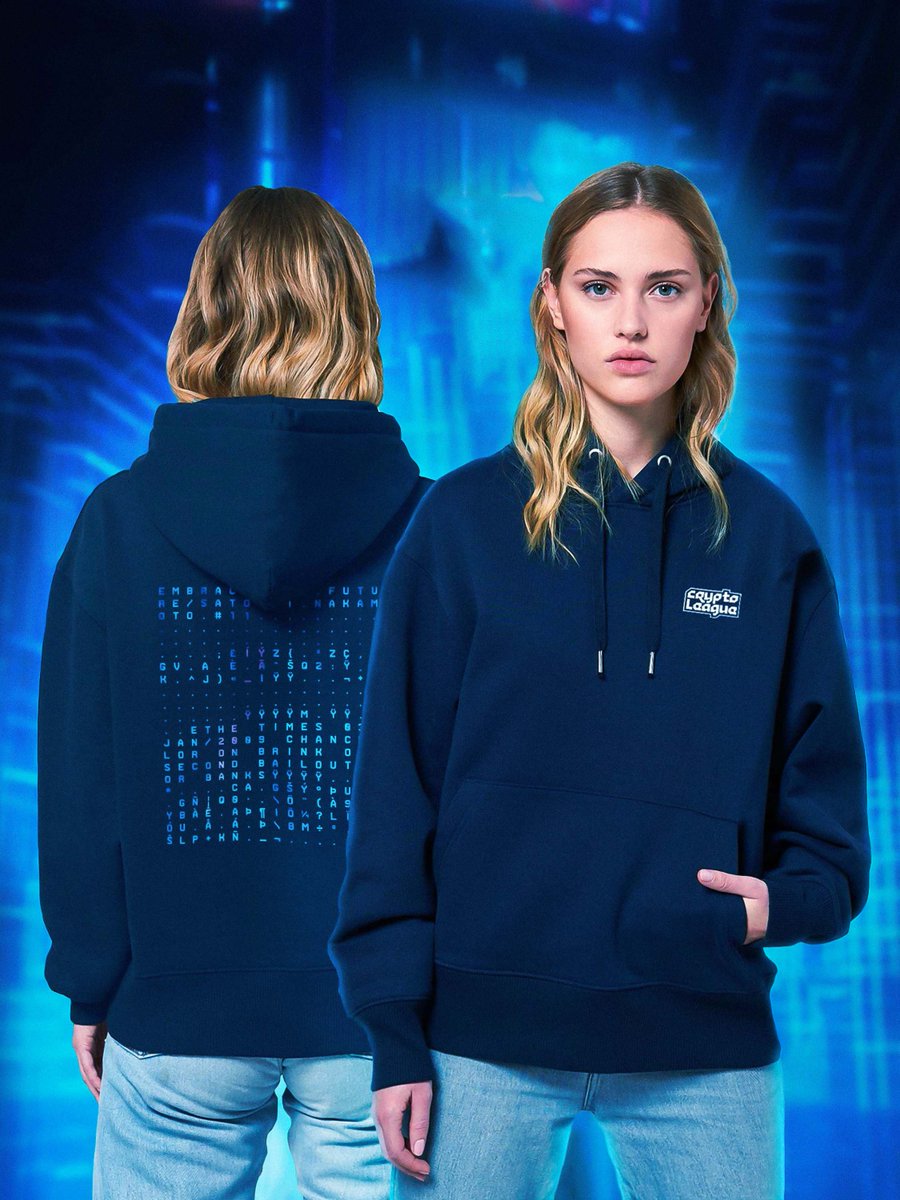 CryptoLeague_'s tweet photo. I am very proud to announce that from now on, everyone who purchases a gold Satoshi Nakamoto #NFT card from Crypto League, will receive a custom-made hoodie with Satoshi's genesis block print. #cryptocurrecy 
 
100% Organic &amp; Recycled materials / Fair wear ❤️ https://t.co/ebYmaMe0eB