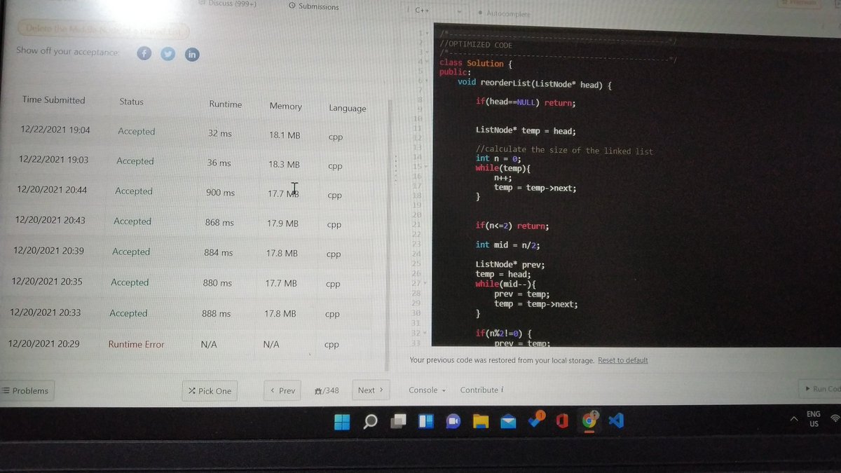 html_programmer's tweet image. Two days ago i reordered linked list in 900ms and today i did it in 32ms
Earlier i used 2 loops, today i used stack. Space time tradeoff really did wonders.
#100daysofcodechallenge #AdventOfCode #CPP
#100DaysOfCode #codinglife #coding