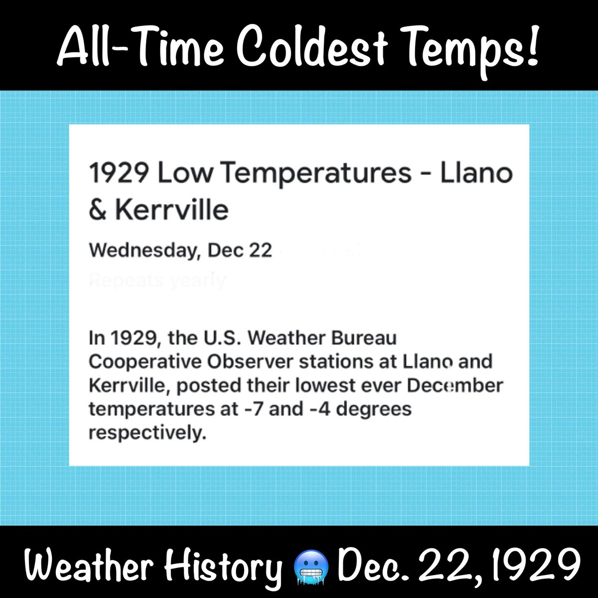ChikageWeather's tweet photo. How low can it go in the month of December?
On this date in 1929 following a winter storm, it dropped to -7Β° in Llano!
(Austin was 17Β° that day)
π December 22nd Weather Almanac-
#WeatherAlmanac #OnThisDay #OTD #WeatherHistory #December22nd #AustinWeather #atxwx #atx https://t.co/QpzjGfvGSJ