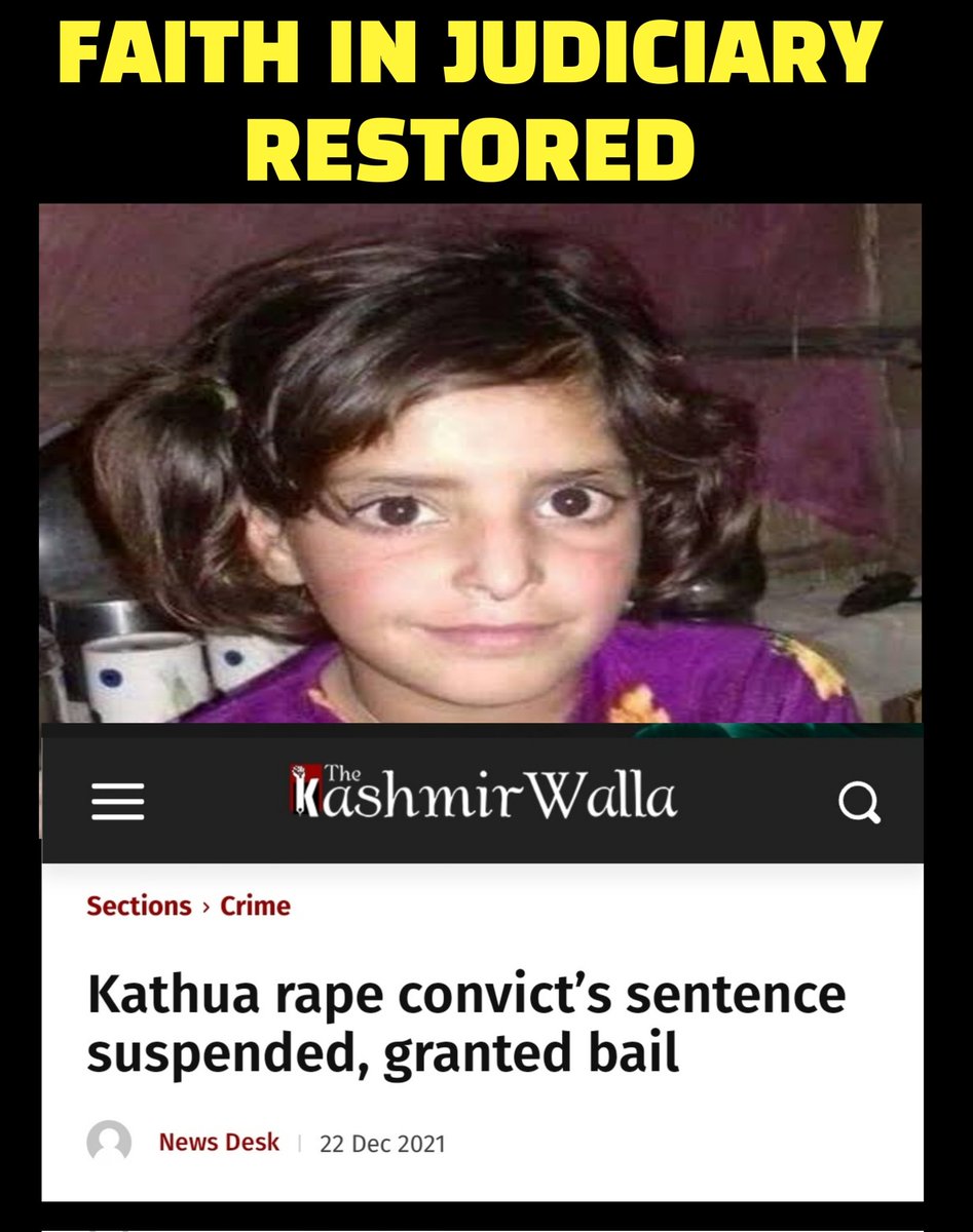 Remember Asifa...Yeah the 8 year old girl who brutally raped and murdered. One of the police officer who was convicted in the case had his conviction suspended and granted bail. He was already out on parole for last 11 months. 

Faith in Judiciary Restored. 👏👏👏