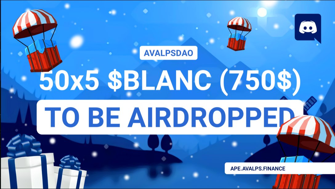 ☃️🚨AIRDROP🚨 ☃️50 WINNERS 
Rules : Bond in the LP BLANC-MIM to WIN (ape.avalps.finance)
50x5$BLANC (37500$)❄️❄️
SNAPSHOT in 24 hours. ⛷️⛷️
AIRDROP vested 5 days.
RT/LIKE 👇
(🏔️,🏔️)