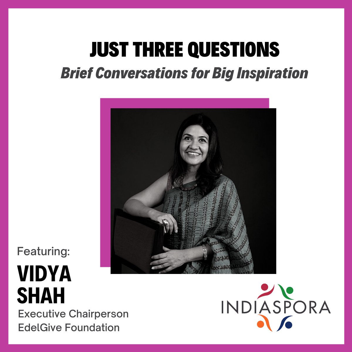 IndiasporaForum's tweet photo. We interviewed @VidyaRShah Executive Chairperson of @EdelGive, for our new interview series featuring social impact leaders and philanthropists, Just Three Questions: Brief Conversations for Big Inspiration.  Read Vidya’s full interview here: https://t.co/V7C0iyUGV8 https://t.co/kwn73INYKC