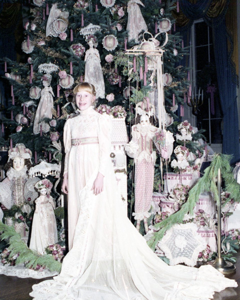 Day 9 of our #CountdownToChristmas: Amy Carter in a Victorian gown that  matches the doll dresses on the Christmas tree! It was designed for her by  designer Louis Nichole who designed the