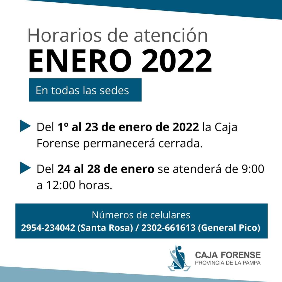 CajaForenseLP's tweet photo. ‼ #Informamos 👉 HORARIOS DE ATENCIÓN EN ENERO 2022
#abogadosdelapampa
#cajaforense
#abogados https://t.co/xA3qapmILn