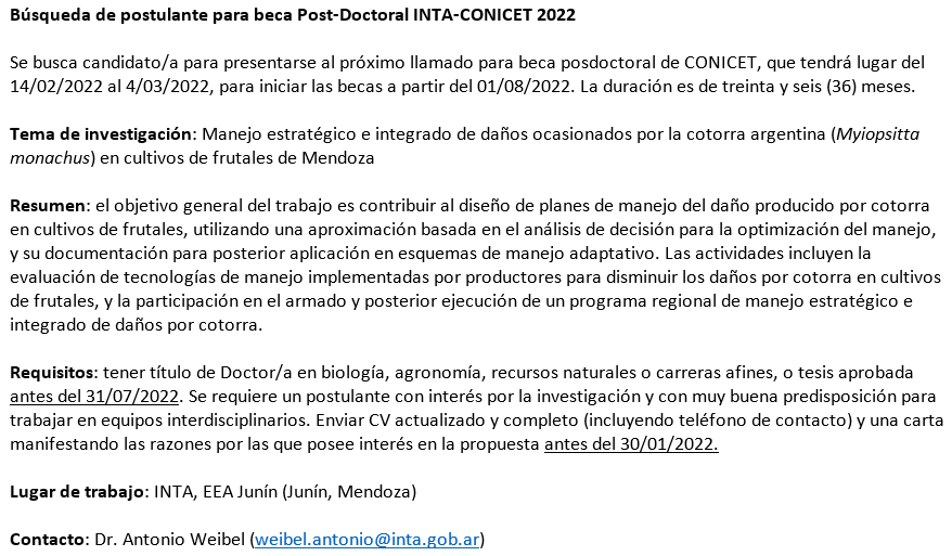 andreapaula78's tweet photo. Búsqueda de postulante para beca Post-Doctoral INTA-CONICET 2022
Tema de investigación: Manejo estratégico e integrado de daños ocasionados por la cotorra argentina (Myiopsitta monachus) en cultivos de frutales de Mendoza https://t.co/HVpHgRMt3r