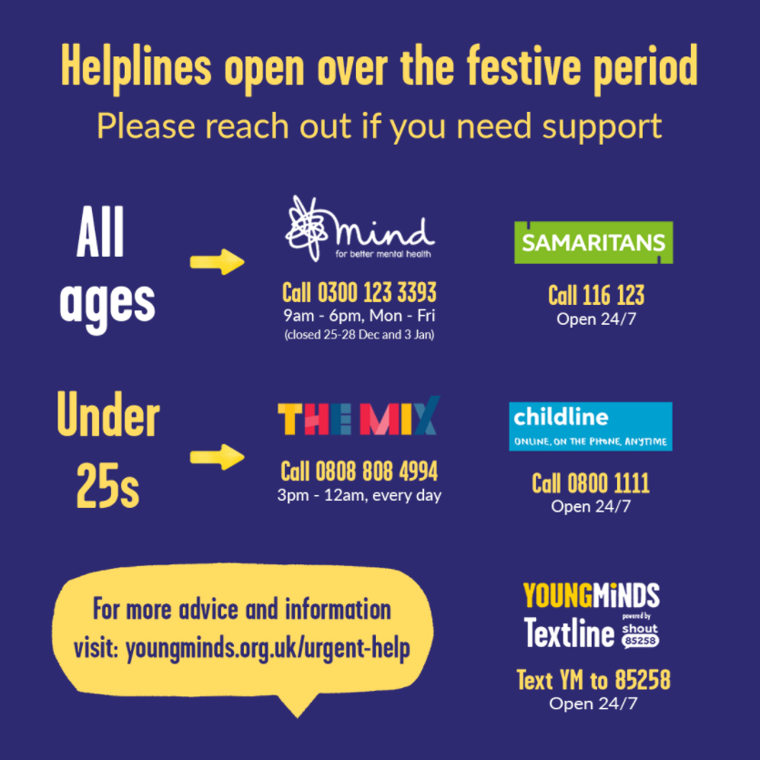 UKYouth's tweet photo. Great graphic from @YoungMindsUK  on services that can help get you through the festive period if you need support 💛 Never hesitate to reach out. https://t.co/CSa2l2X8tN