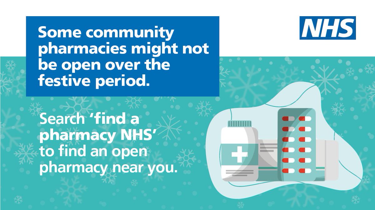 PrimaryCareNHS's tweet photo. Find out which #pharmacy is open near you over Christmas and New Year – so you can get the medicines and advice you need. 💊 

👉 https://t.co/I9YWqGkRTu

#CommunityPharmacy #PrimaryCare https://t.co/sWSMwquPUr