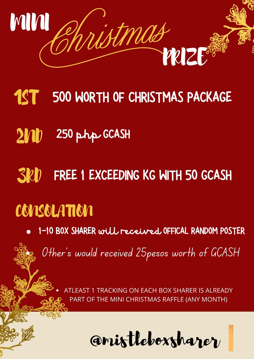 MISTLEBOXSHARER's tweet photo. BOX SHARER'S CHRISTMAS RAFFLE! 🥰

See you on December 23rd!🤩 (not sure lang po sa time)

Don't forget to register! 📦
📌https://t.co/cRdes1dBFY

BOX SHARING From South Korea to the Philippines! 🇵🇭
#MISTLEBOXCHRISTMASGA
#MISTLEBOXCHRISTMASRAFFLE
#MISTLEBOXSHARING
#BOXSHARING https://t.co/K72tRACtkv
