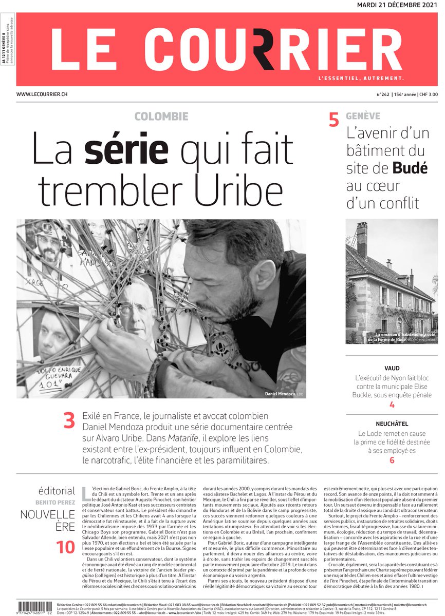 ElQueLosDELATA's tweet photo. Hoy Le Courrier, el diario más importante de Ginebra en Suiza, abre con esta entrevista en la portada sobre el genocidio Narco-Estatal Colombiano y sobre la serie Matarife.

Tómesela calientica de desayuno, señor Presidente Álvaro Uribe Vélez. https://t.co/OLuwmZgayw