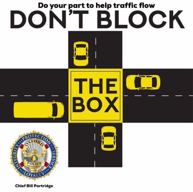 ChiefBPartridge's tweet photo. Don’t block the box! Help do your part to keep traffic flowing. #dontblockthebox #oxfordpd #HolidayShopping https://t.co/QbvI4IJIbg
