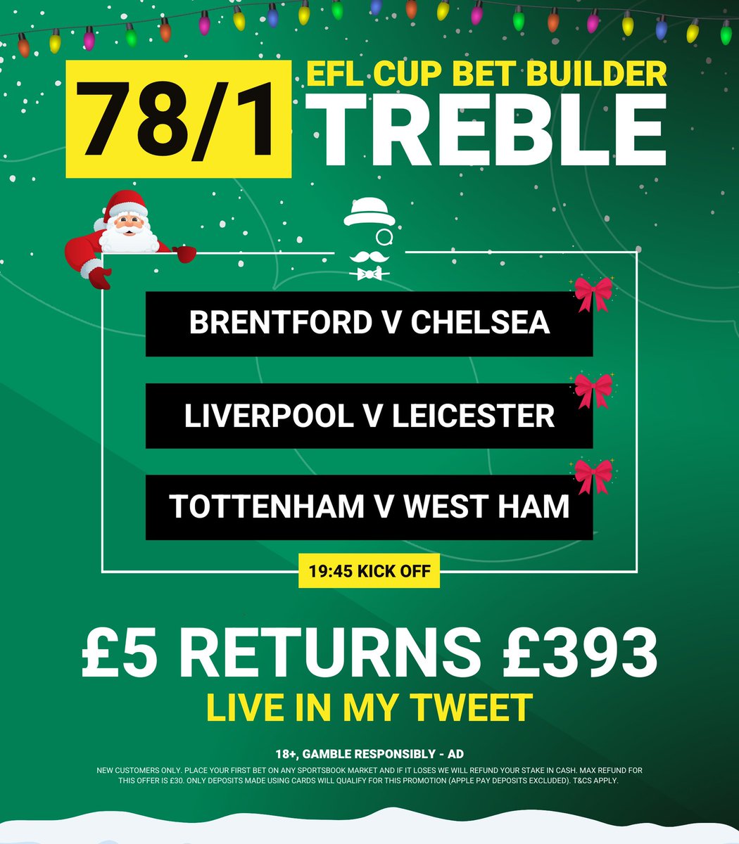 AndyRobsonTips's tweet image. 🎄 78/1 Bet Builder Treble

Load bet: bit.ly/Treble-EFL

Create a Paddy Power account and if your first bet loses you’ll get a full refund in cash here: bit.ly/PP-30REFUND (#Ad)

✔️ If my treble wins, you’ll land £2,362 in cash.

18+, T&amp;amp;Cs Apply. #AndyRobsonTips