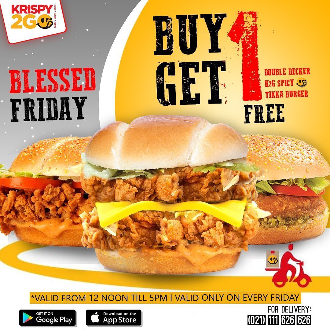 Krispy2Go's tweet photo. Get ready for Krispy Blessed Fry-Day!👑
Krispy2GO Brings an exciting deal for this Friday. Now you can Buy K2G Spicy, Double Decker or Tikka burger and Get 1 FREE ✨
#krispykreme #zinger #burgerswap #Blessedfriday #WednesdayMotivation #Wednesdayvibe #wednesdaythought https://t.co/vi2NU3TmuR
