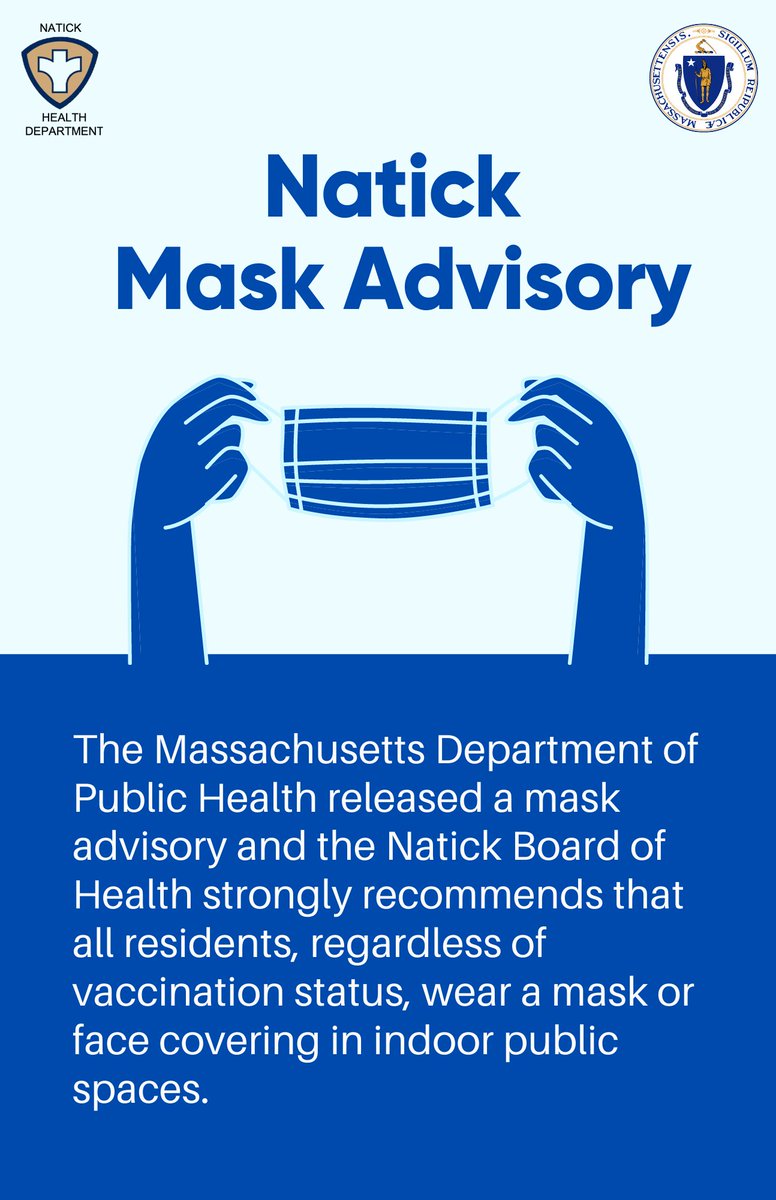 Due a recent rise in COVID-19 cases in Massachusetts, MDPH and the Natick Board of Health recommend that individuals wear a mask in all public indoor settings.