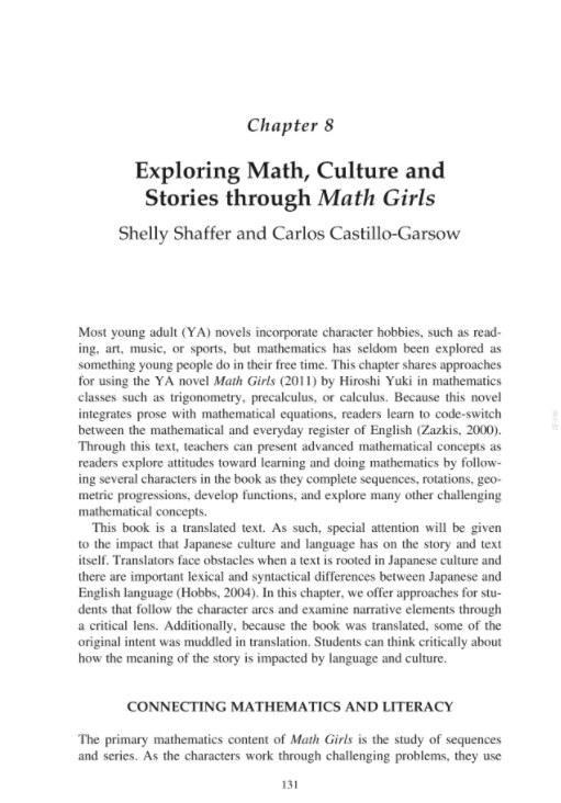 tb_lb's tweet photo. グーグルブックスで「Exploring Math, Culture, and Stories Through Math Girls」と題された、該当の8章冒頭（p.131～）が読めました。「へー、そこが気になるんだ」という視点があって、ちょっと面白かったです。
https://t.co/0kbKEg25fS https://t.co/lsa2bQhfIa