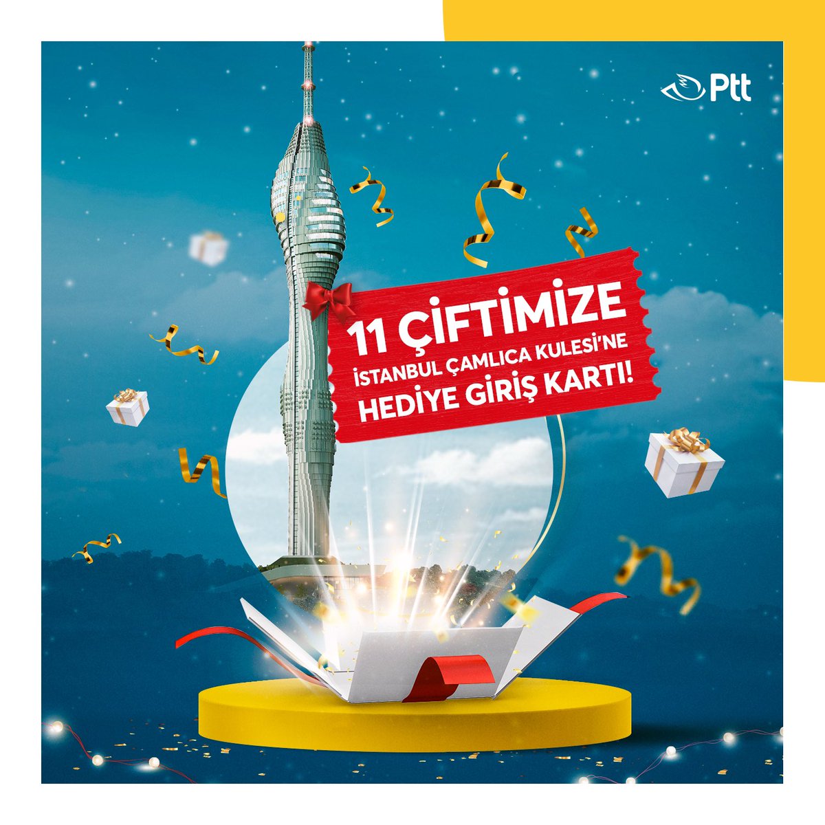 Yeni yıl hediyeniz PTT’den! 
Çekilişimize katılın ve İstanbul Çamlıca Kulesi'ni ücretsiz ziyaret edecek 11 şanslı çiftimizden biri siz olun. 🎉 

Çekiliş Şartları;
👥 Yorumlara Bir Arkadaşınızı Etiketleyin ve
📱 Sosyal Medya Hesaplarımızı Takip Edin.