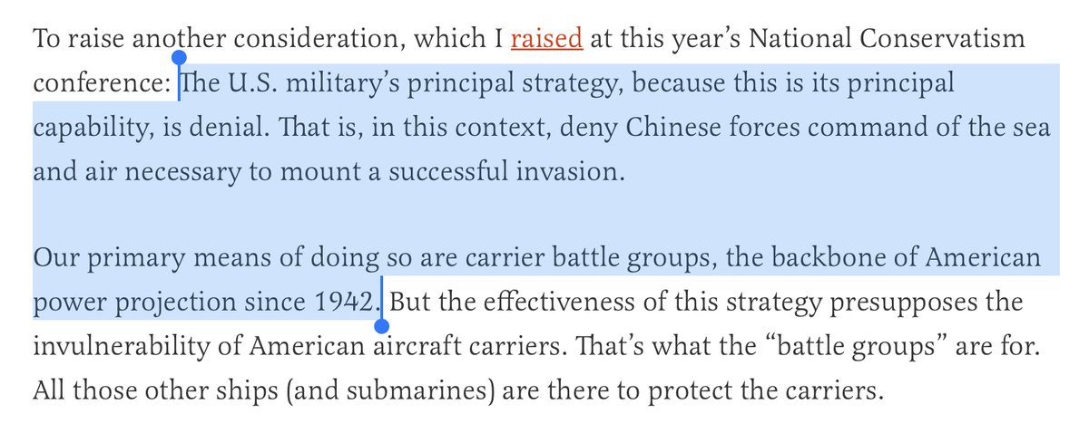 He does know enough to recognize that our strategy, with Taiwan, is largely one of denial - to prevent the PLA from getting across the Taiwan Strait and invading. But then he states that the primary means of doing so is via carrier battle groups.