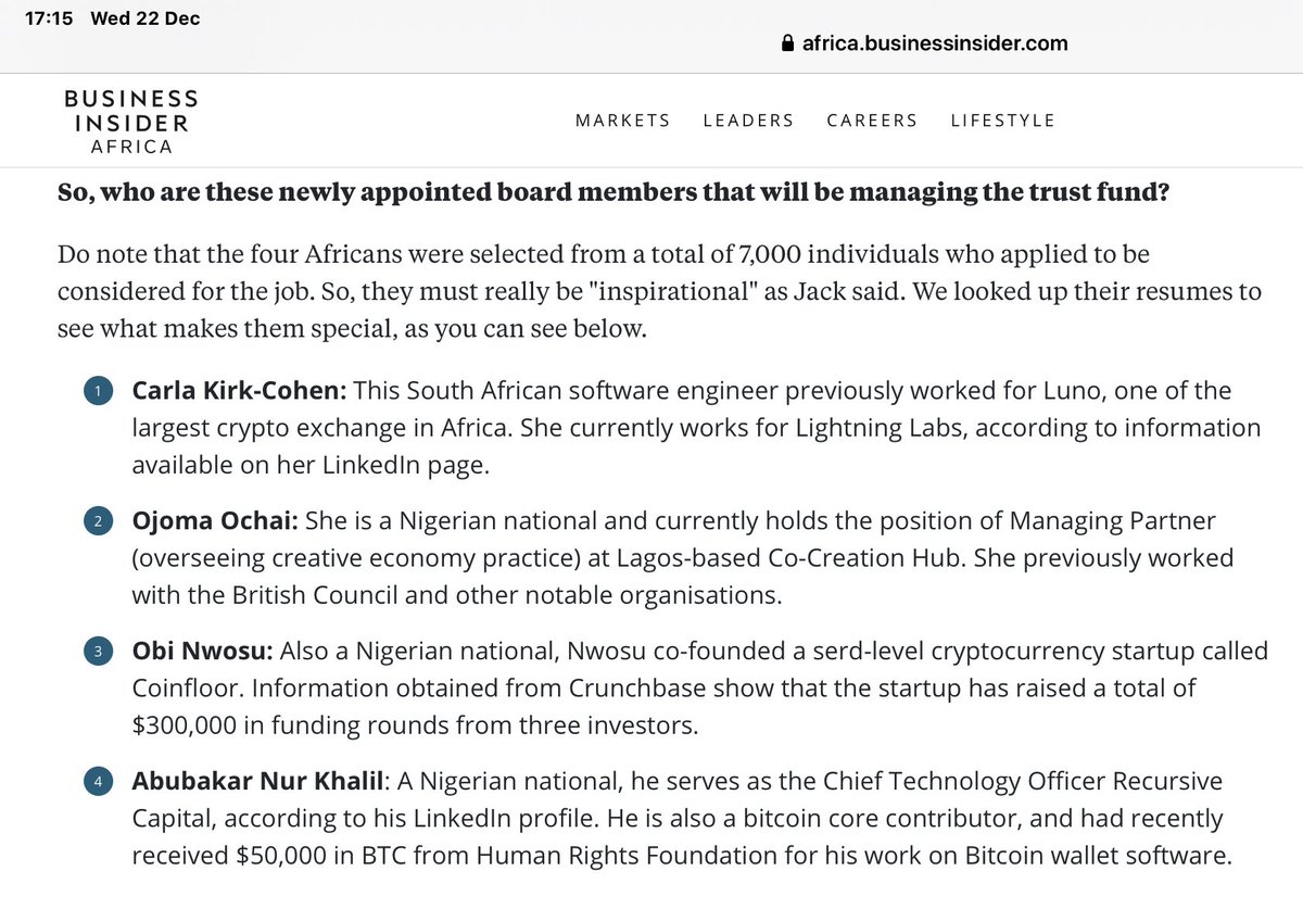 pesa_africa's tweet photo. 📣 Meet the 4 Africans that ex-Twitter CEO @jack appointed to oversee his Bitcoin Trust Fund to facilitate the development of bitcoin in Africa 

- Carla Kirk-Cohen 🇿🇦 
- Ojoma Ochai 🇳🇬
- Obi Nwosu 🇳🇬
- Abubakar Nur Khalil 🇳🇬 https://t.co/qFbS99B8wf