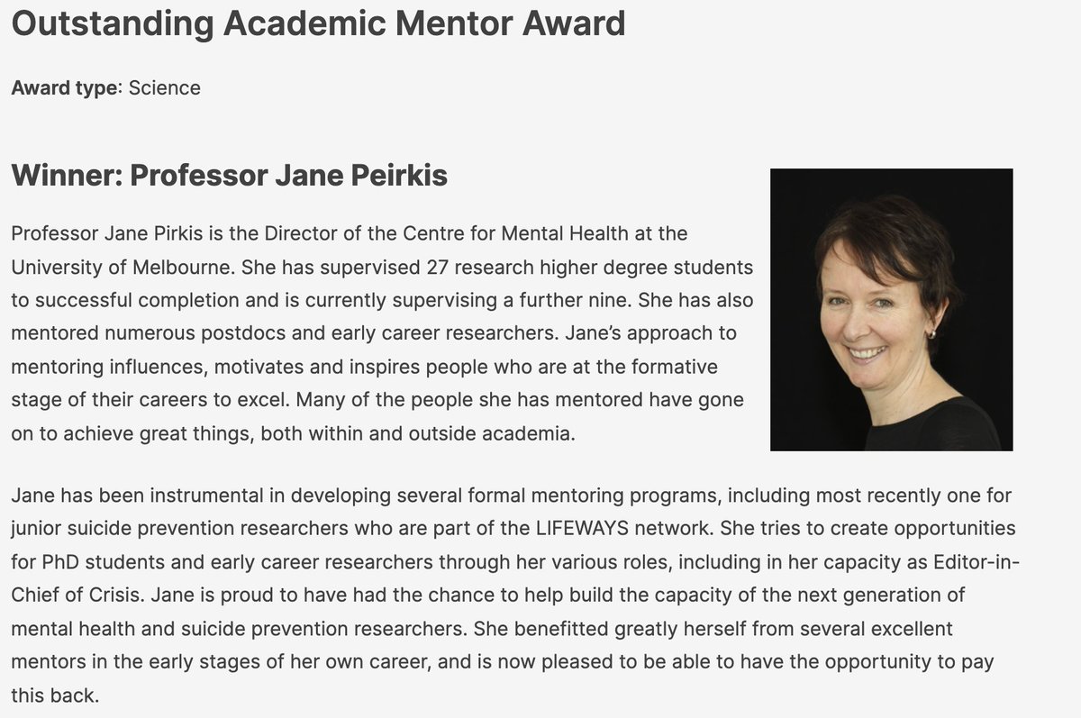 🎉 Congratulations🎉 to Prof Jane Pirkis for winning the Australian Psychological Society’s (@AustPsych) Outstanding Academic Mentor Award for 2021!