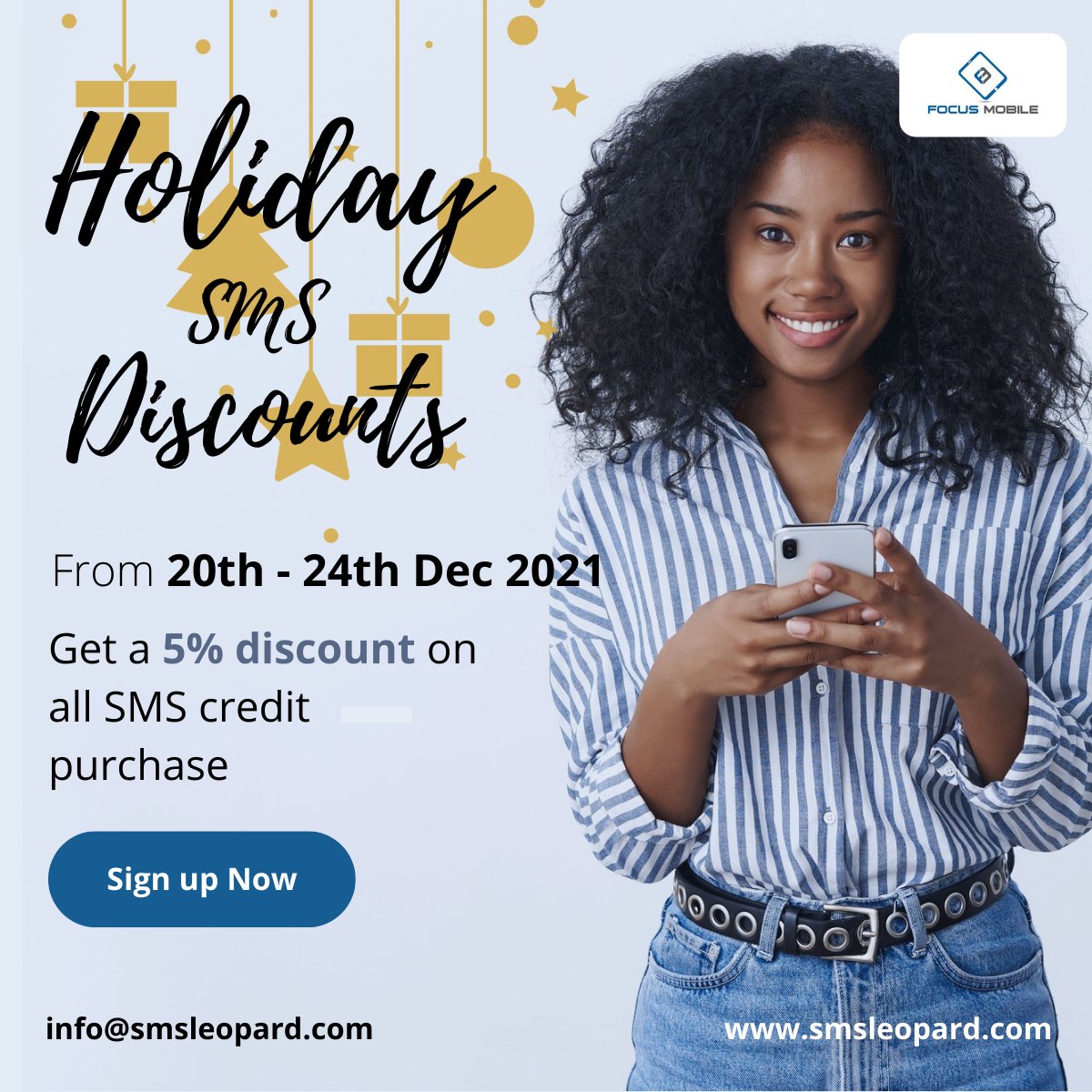 SMSLeopard's tweet photo. The festive season is here and with it we have made our SMS credits way way more affordable. Get 5 % on all SMS credits by simply:
✔️Registering
✔️Toping up
Register today: https://t.co/aXpU460gRM #SMSLeopard #SimplySMS #smallbusiness #happyholidays #Discounts https://t.co/X7Lf8jrZcy