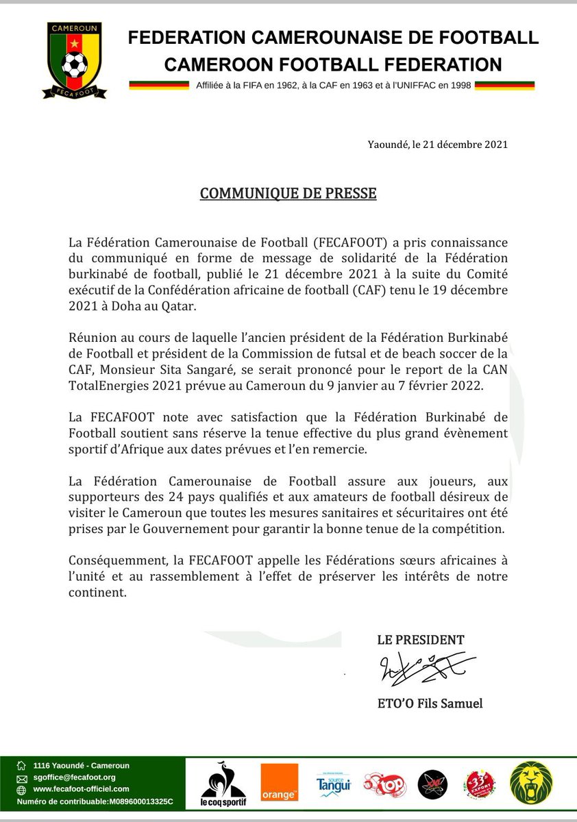 SamuelEtoo's tweet photo. See you on January 9th ⚽️🇨🇲

#CAN2021 #COCAN @FecafootOfficie @CAF_Online https://t.co/vxOctr8yHP